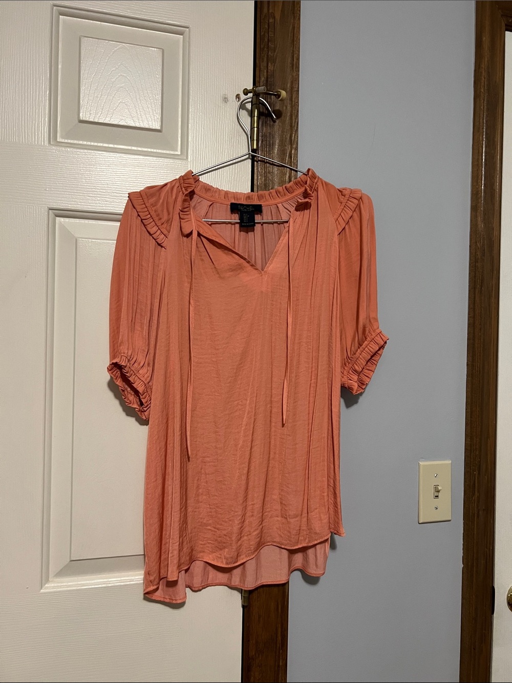 Rachel Peach Tie-Neck Ruffle-Trim Blouse